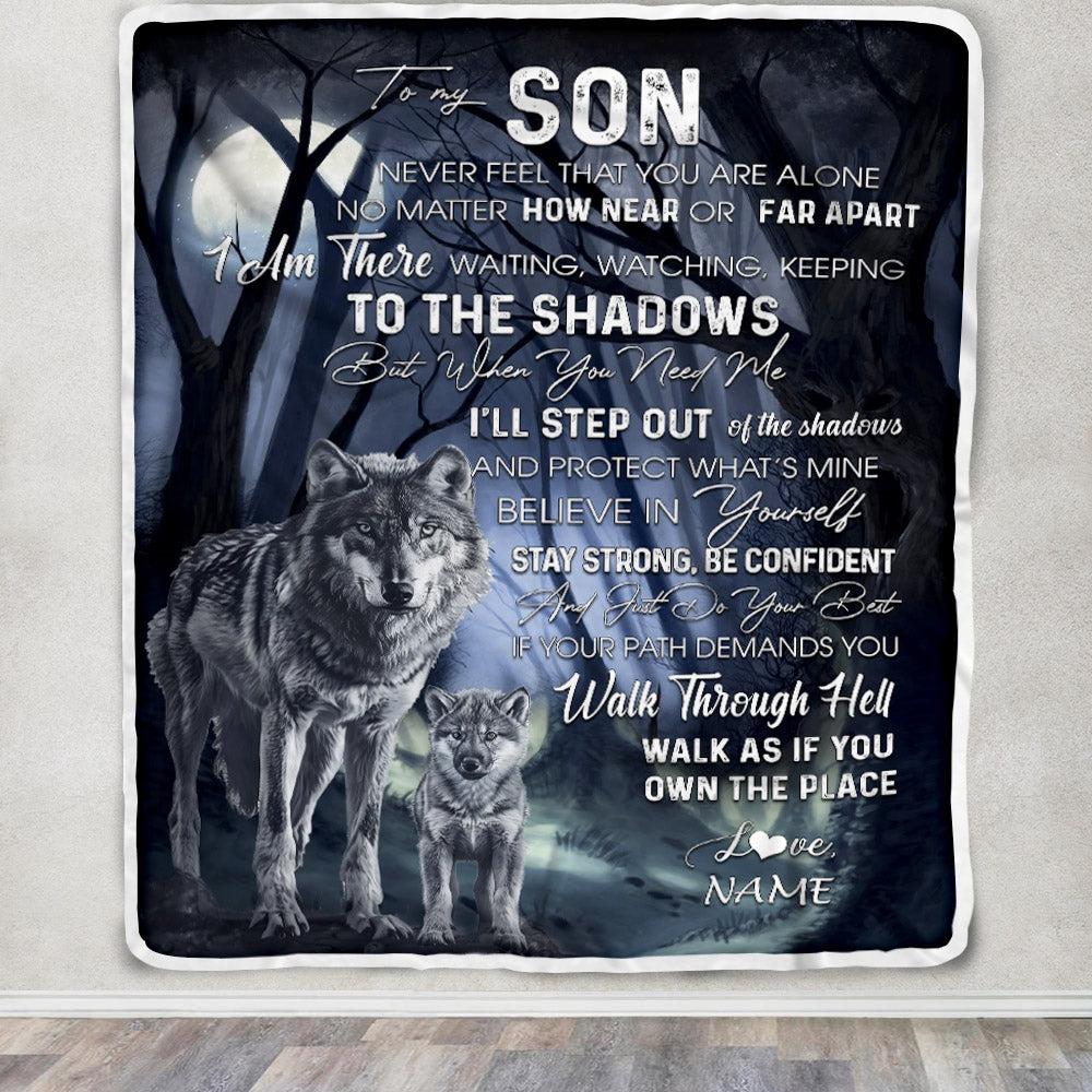 Personalized To My Son from Mom Blanket Never Feel You Are Alone Wolf Moon Night Dark Forest Family Love Son Birthday Christmas Customized Fleece Blanket Blanket | Teecentury.com