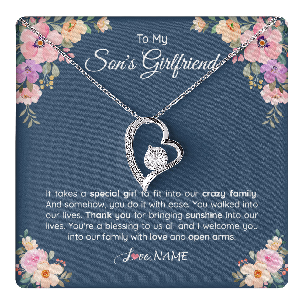 Forever Love Necklace 14K White Gold Finish | 1 | Personalized To My Son's Girlfriend Necklace From Mom It Takes A Special Girlfriend Birthday Wedding Valentines Day Christmas Customized Gift Box Message Card | teecentury