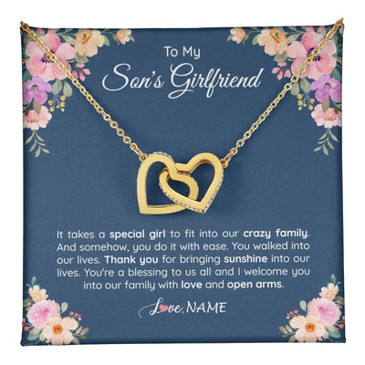 Interlocking Hearts Necklace 18K Yellow Gold Finish | 1 | Personalized To My Son's Girlfriend Necklace From Mom It Takes A Special Girlfriend Birthday Wedding Valentines Day Christmas Customized Gift Box Message Card | teecentury