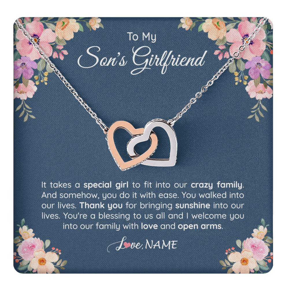 Interlocking Hearts Necklace Stainless Steel & Rose Gold Finish | 1 | Personalized To My Son's Girlfriend Necklace From Mom It Takes A Special Girlfriend Birthday Wedding Valentines Day Christmas Customized Gift Box Message Card | teecentury
