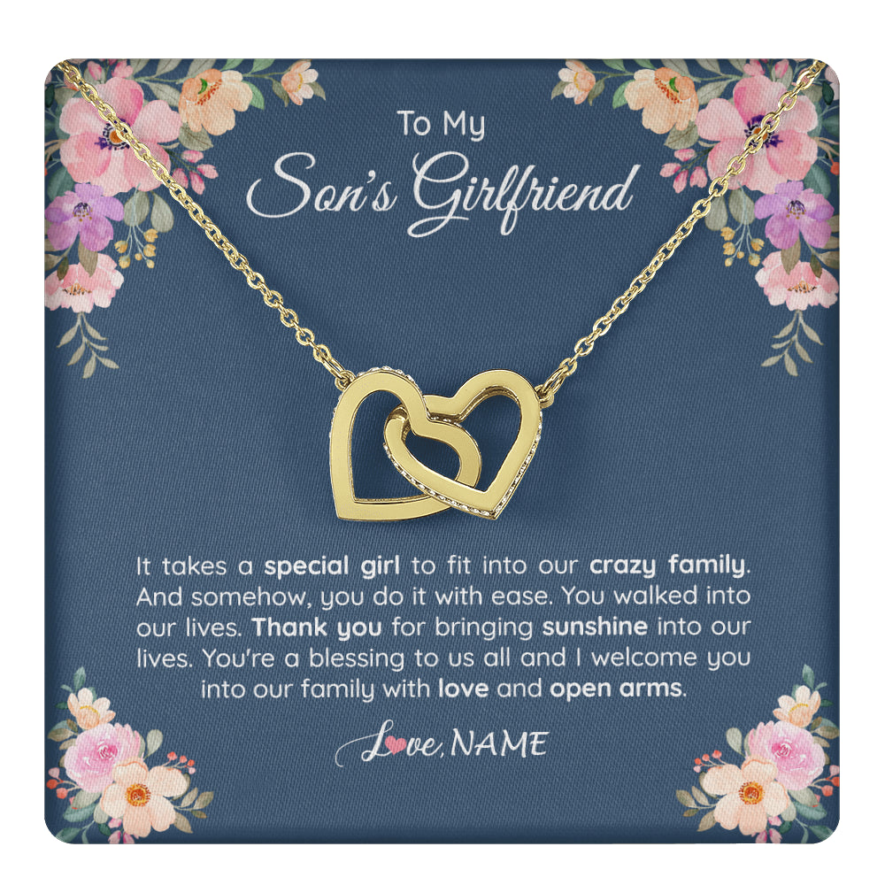 Interlocking Hearts Necklace 18K Yellow Gold Finish | 1 | Personalized To My Son's Girlfriend Necklace From Mom It Takes A Special Girlfriend Birthday Wedding Valentines Day Christmas Customized Gift Box Message Card | teecentury