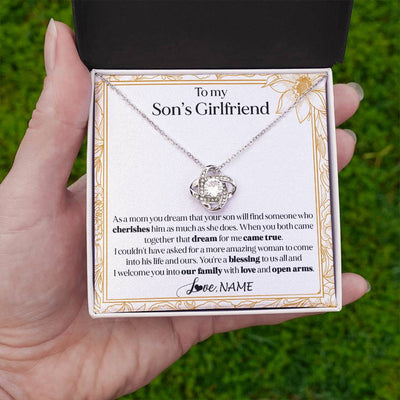 Love Knot Necklace 14K White Gold Finish | 2 | Personalized To My Son's Girlfriend Necklace I Welcome You Future Daughter In Law Birthday Special Gift Christmas Jewelry Customized Gift Box Message Card | teecentury