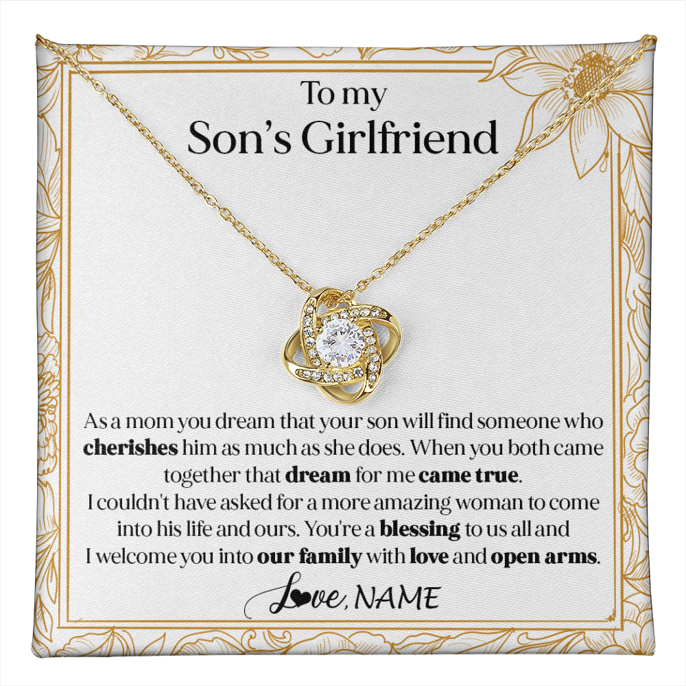 Love Knot Necklace 18K Yellow Gold Finish | 1 | Personalized To My Son's Girlfriend Necklace I Welcome You Future Daughter In Law Birthday Special Gift Christmas Jewelry Customized Gift Box Message Card | teecentury