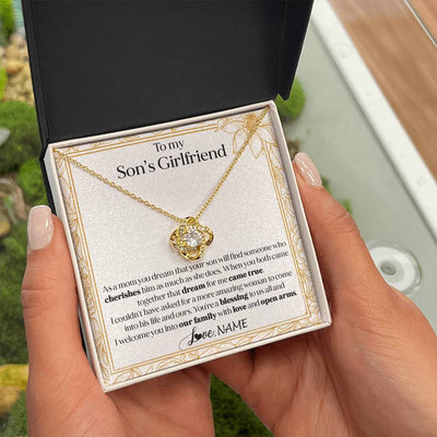 Love Knot Necklace 18K Yellow Gold Finish | 2 | Personalized To My Son's Girlfriend Necklace I Welcome You Future Daughter In Law Birthday Special Gift Christmas Jewelry Customized Gift Box Message Card | teecentury