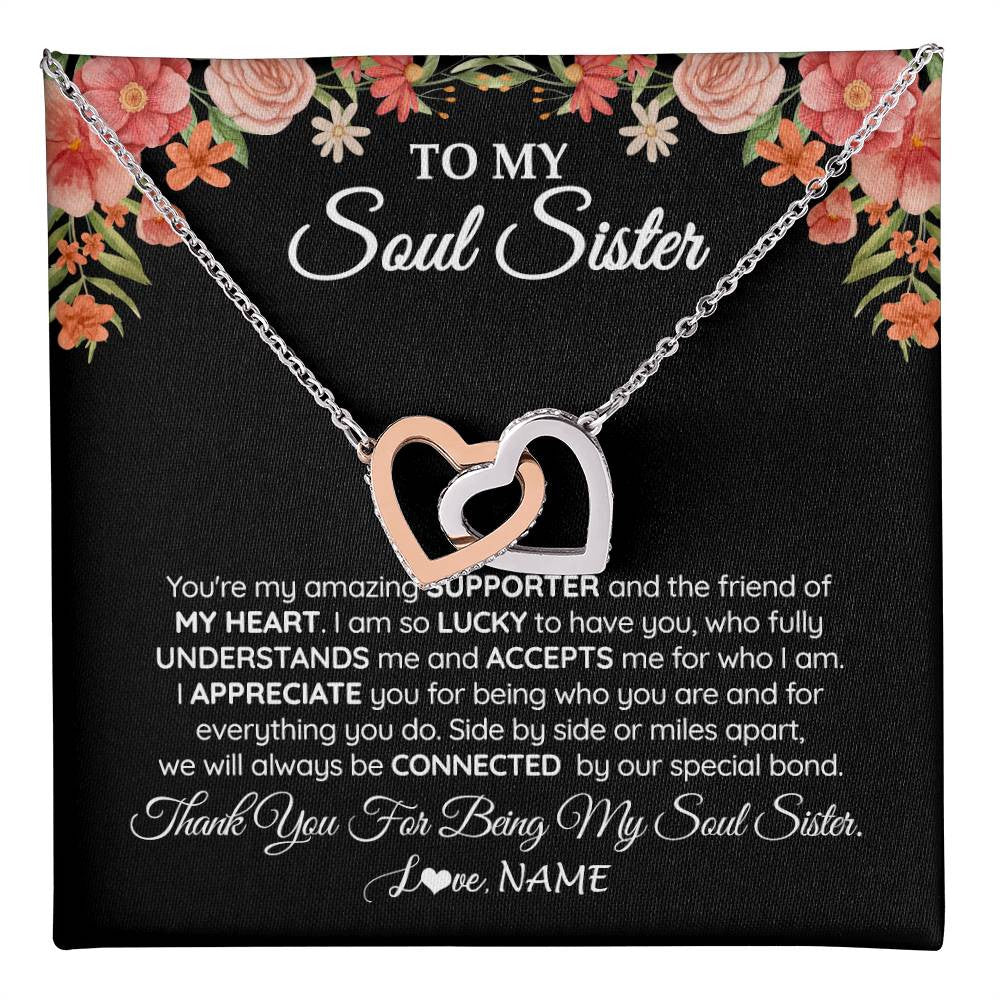 Interlocking Hearts Necklace Stainless Steel & Rose Gold Finish | 1 | Personalized To My Soul Sister Gift Necklace Best Friend Unique Friendship Long Distance Unbiological Sister Birthday Jewelry Christmas Customized Message Card | teecentury
