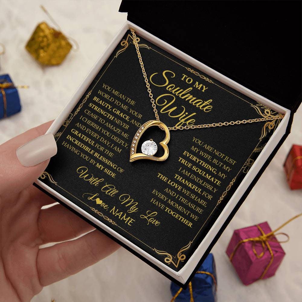 Forever Love Necklace 18K Yellow Gold Finish | 2 | Personalized To My Soulmate Wife Necklace My Heart Wife Jewelry Romantic Birthday Gifst Anniversary Wedding Day Christmas Customized Gift Box Message Card | teecentury