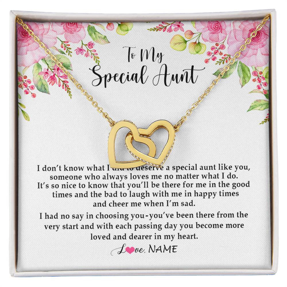 Interlocking Hearts Necklace 18K Yellow Gold Finish | Personalized To My Special Aunt Necklace From Niece Nephew Deserve A Special Aunt Pendant Birthday Monthers Day Christmas Customized Gift Box Message Card | teecentury