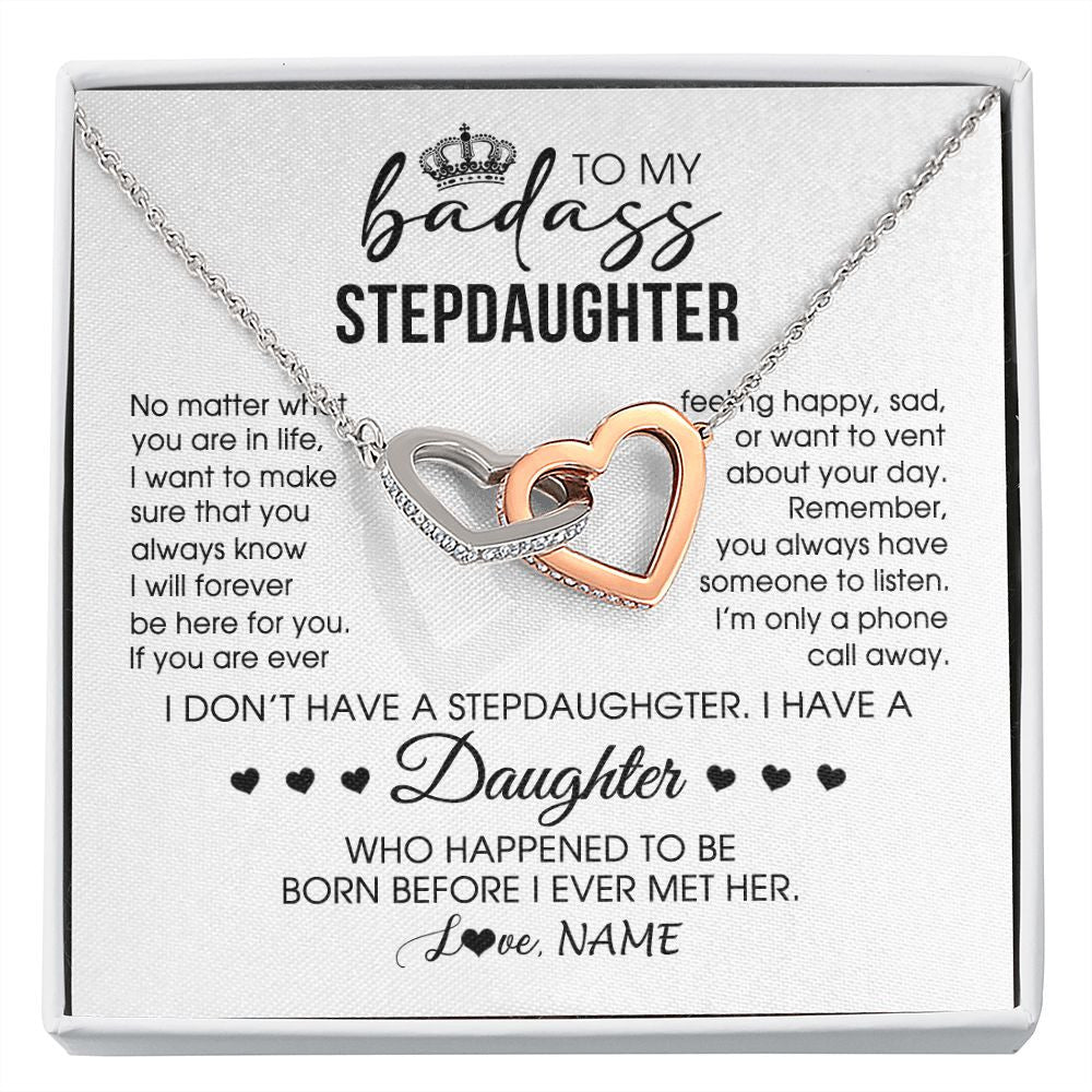 Interlocking Hearts Necklace | Personalized To My Stepdaughter Necklace From Stepfather Stepdad Be Here For You Bonus Daughter Birthday Graduation Christmas Customized Gift Box Message Card | teecentury