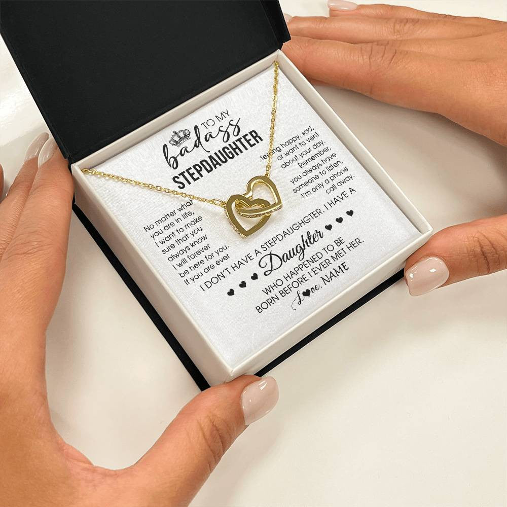 Interlocking Hearts Necklace 18K Yellow Gold Finish | 2 | Personalized To My Stepdaughter Necklace From Stepfather Stepdad Be Here For You Bonus Daughter Birthday Graduation Christmas Customized Gift Box Message Card | teecentury
