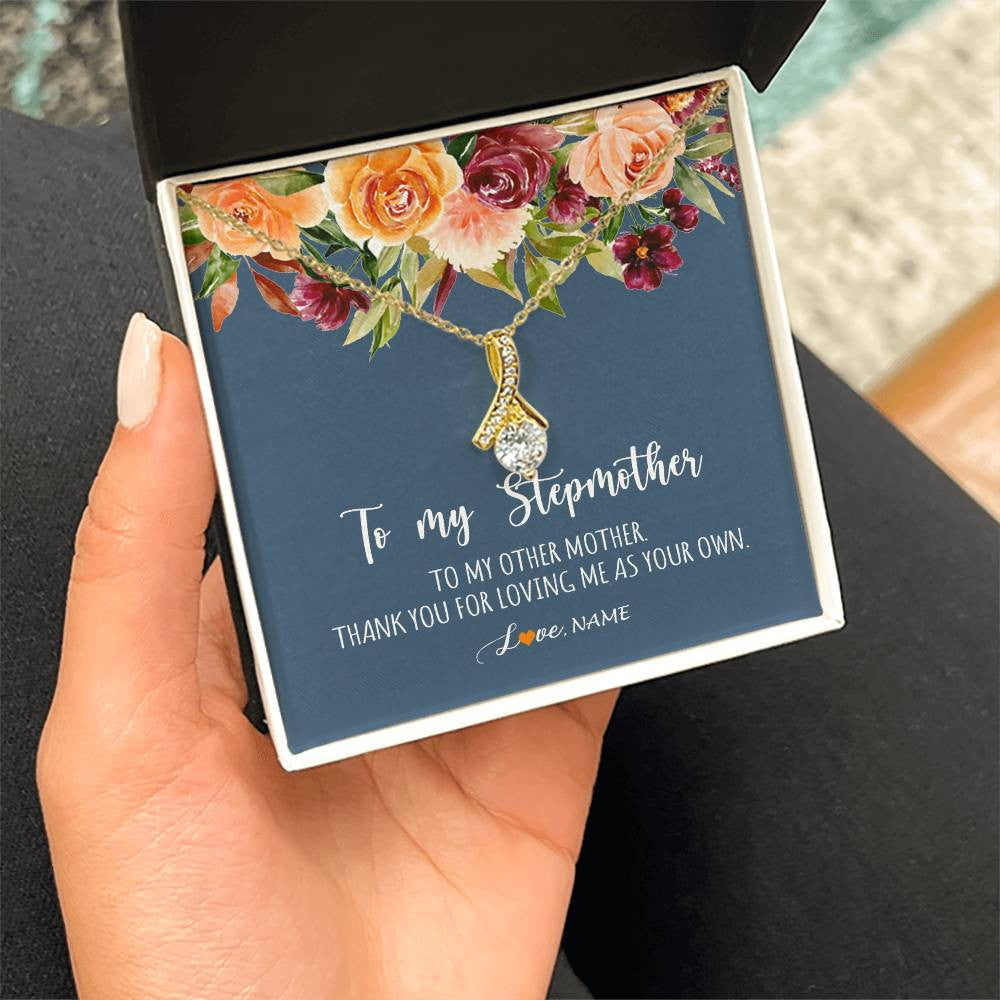 Alluring Beauty Necklace 18K Yellow Gold Finish | Personalized To My Stepmother Necklace Thank You For Loveing Me As Your Own Bonus Mom Stepmom Birthday Mothers Day Christmas Customized Gift Box Message Card | teecentury