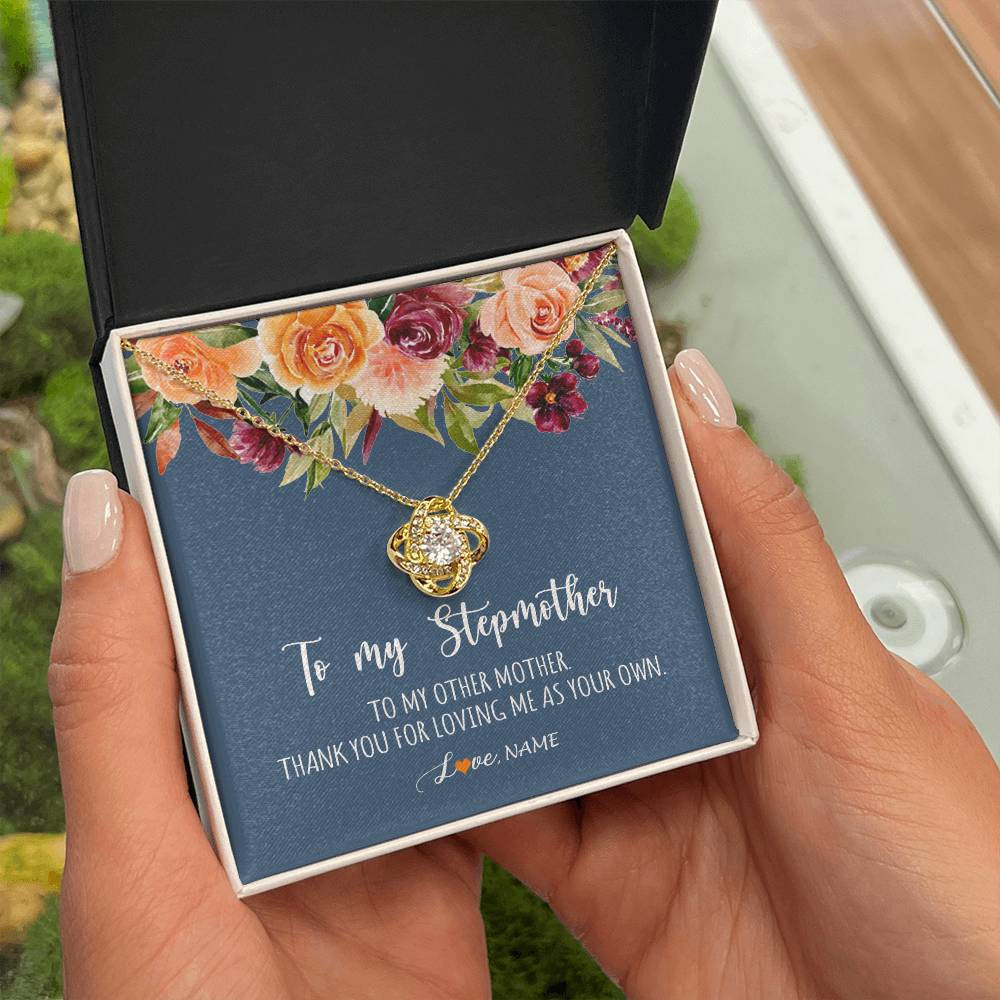 Love Knot Necklace 18K Yellow Gold Finish | Personalized To My Stepmother Necklace Thank You For Loveing Me As Your Own Bonus Mom Stepmom Birthday Mothers Day Christmas Customized Gift Box Message Card | teecentury