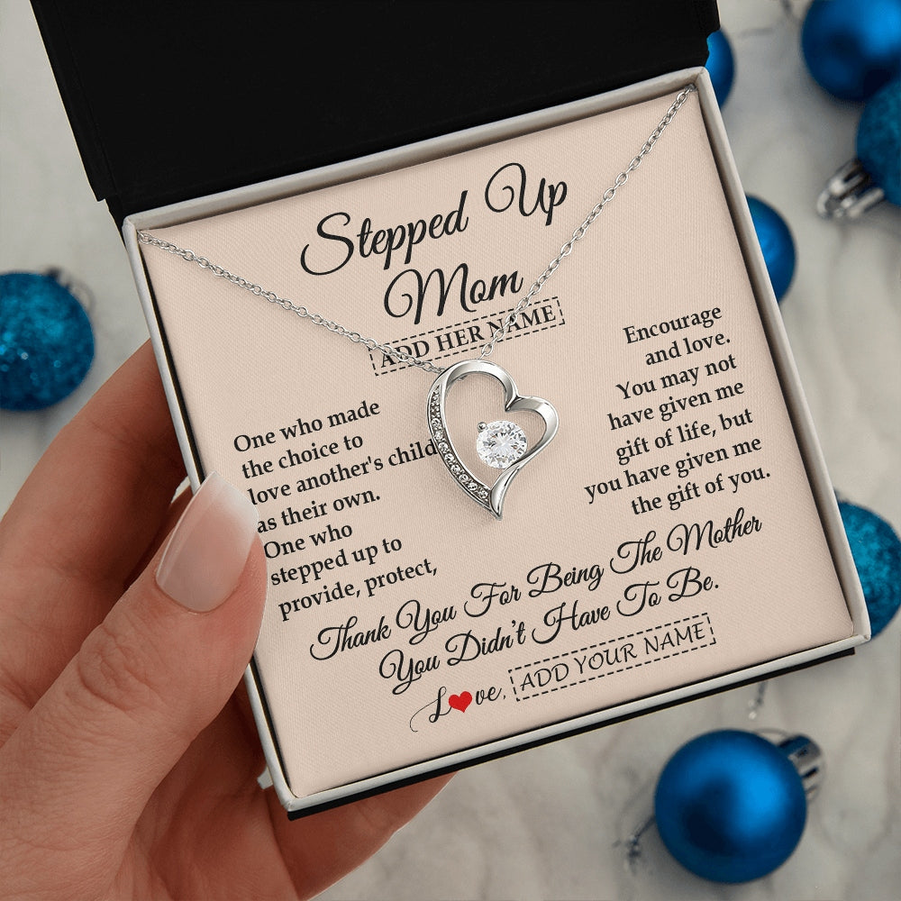 Forever Love Necklace 14K White Gold Finish | 2 | Personalized To My Stepped Up Mom Necklace From Stepdaughter Stepson Thank You For Being The Mother Bonus Mom Gifts Birthday Mothers Day Gift Box Message Card | https://teecentury.