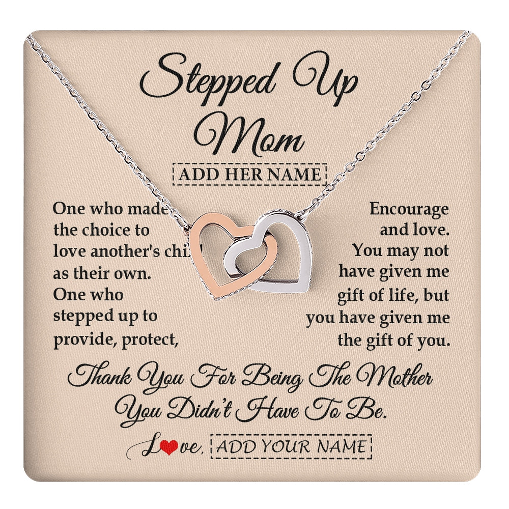 Interlocking Hearts Necklace Stainless Steel & Rose Gold Finish | 1 | Personalized To My Stepped Up Mom Necklace From Stepdaughter Stepson Thank You For Being The Mother Bonus Mom Gifts Birthday Mothers Day Gift Box Message Card | https://teecentury.