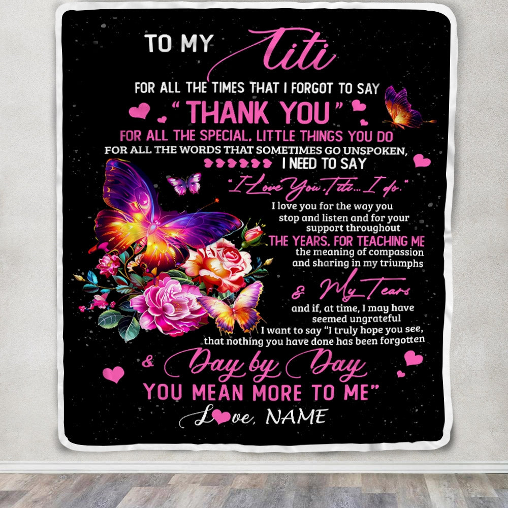 Personalized To My Titi Blanket From Daughter Son Flower Butterfly Thank You For All The Special Titi Birthday Mothers Day Customized Fleece Throw Blanket Blanket | Teecentury.com