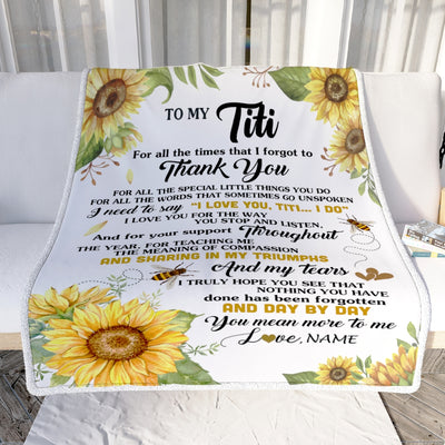 Personalized To My Titi Blanket From Niece Nephew Sunflower Thank You I Love You Titi Birthday Mothers Day Christmas Customized Gift Fleece Blanket | teecentury
