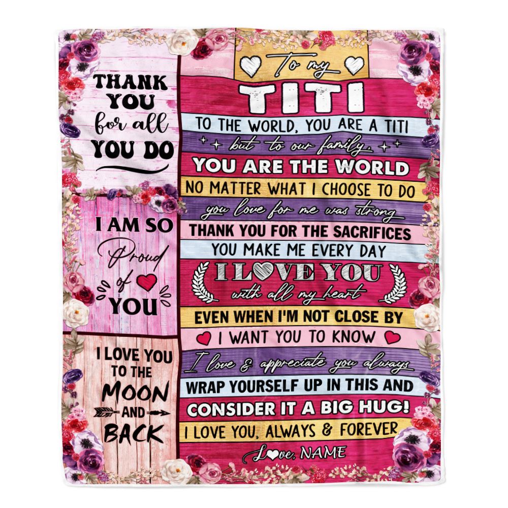 Personalized To My Titi Blanket From Niece Nephew Wood Floral Thank You I Love You Titi Birthday Mothers Day Christmas Customized Fleece Throw Blanket | teecentury
