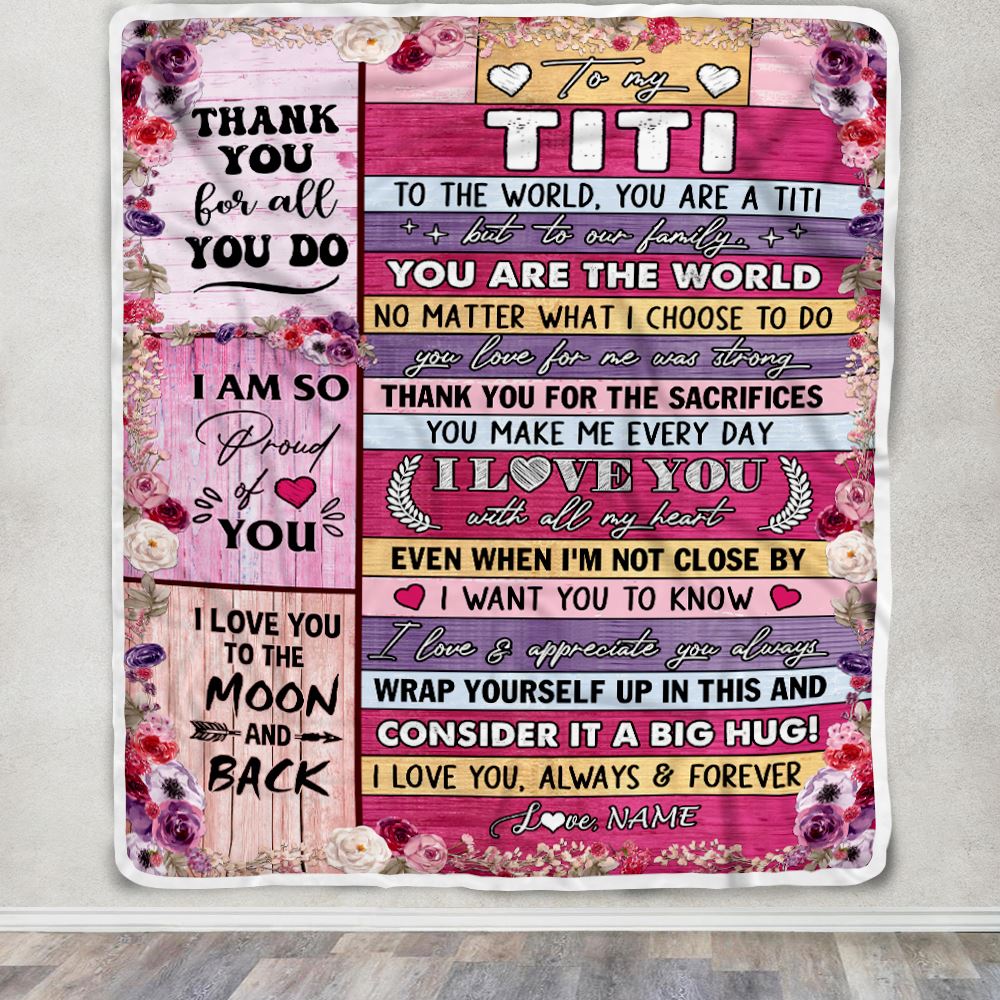 Personalized To My Titi Blanket From Niece Nephew Wood Floral Thank You I Love You Titi Birthday Mothers Day Christmas Customized Fleece Throw Blanket | teecentury