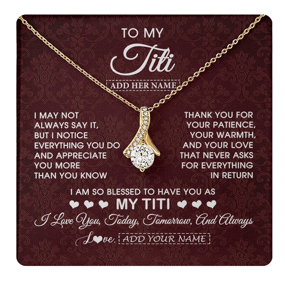 Alluring Beauty Necklace 18K Yellow Gold Finish | 1 | Personalized To My Titi Gifts From Niece Nephew Necklace Meaningful Jewelry Pendant Gifts For Titi Mothers Day Birthday Christmas Custom Gift Box Message Card | https://teecentury.