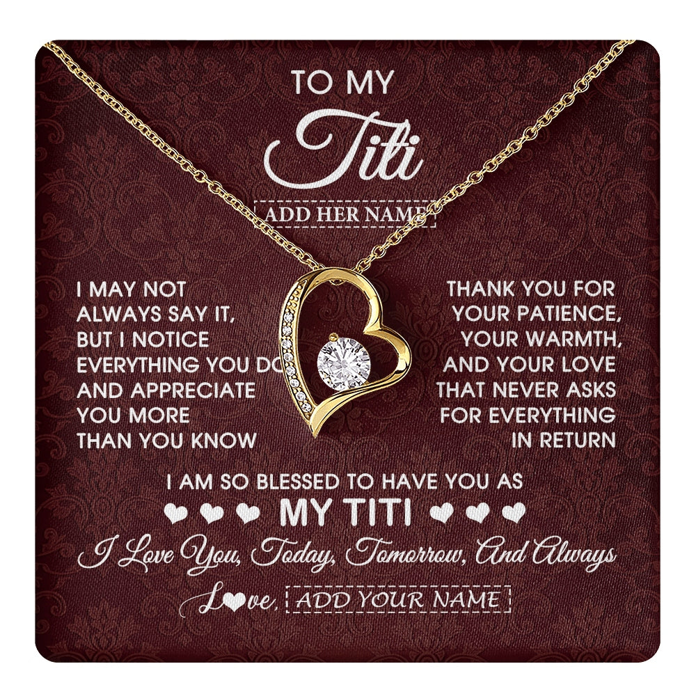 Forever Love Necklace 18K Yellow Gold Finish | 1 | Personalized To My Titi Gifts From Niece Nephew Necklace Meaningful Jewelry Pendant Gifts For Titi Mothers Day Birthday Christmas Custom Gift Box Message Card | https://teecentury.
