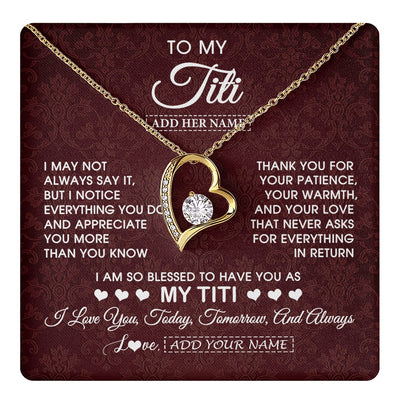 Forever Love Necklace 18K Yellow Gold Finish | 1 | Personalized To My Titi Gifts From Niece Nephew Necklace Meaningful Jewelry Pendant Gifts For Titi Mothers Day Birthday Christmas Custom Gift Box Message Card | https://teecentury.