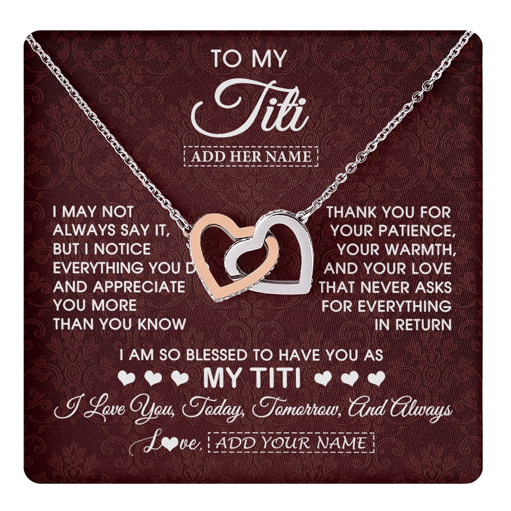 Interlocking Hearts Necklace Stainless Steel & Rose Gold Finish | 1 | Personalized To My Titi Gifts From Niece Nephew Necklace Meaningful Jewelry Pendant Gifts For Titi Mothers Day Birthday Christmas Custom Gift Box Message Card | https://teecentury.