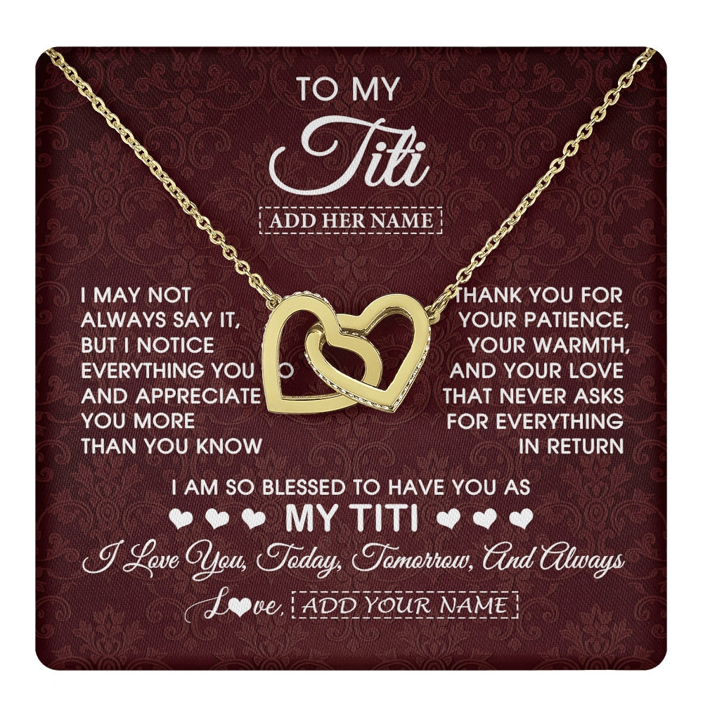 Interlocking Hearts Necklace 18K Yellow Gold Finish | 1 | Personalized To My Titi Gifts From Niece Nephew Necklace Meaningful Jewelry Pendant Gifts For Titi Mothers Day Birthday Christmas Custom Gift Box Message Card | https://teecentury.