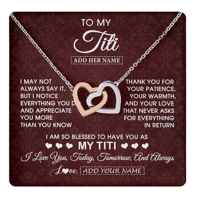 Interlocking Hearts Necklace Stainless Steel & Rose Gold Finish | 1 | Personalized To My Titi Gifts From Niece Nephew Necklace Meaningful Jewelry Pendant Gifts For Titi Mothers Day Birthday Christmas Custom Gift Box Message Card | https://teecentury.