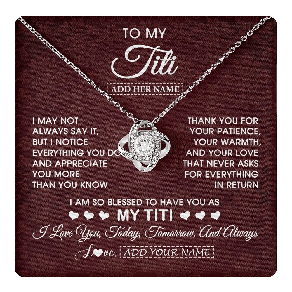 Love Knot Necklace 14K White Gold Finish | 1 | Personalized To My Titi Gifts From Niece Nephew Necklace Meaningful Jewelry Pendant Gifts For Titi Mothers Day Birthday Christmas Custom Gift Box Message Card | https://teecentury.