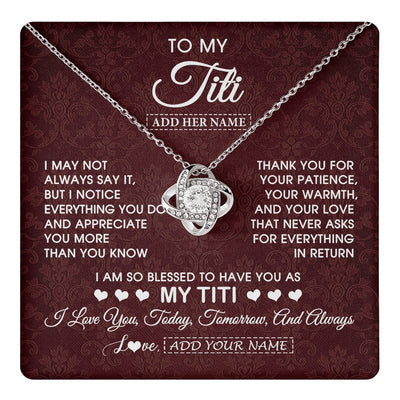 Love Knot Necklace 14K White Gold Finish | 1 | Personalized To My Titi Gifts From Niece Nephew Necklace Meaningful Jewelry Pendant Gifts For Titi Mothers Day Birthday Christmas Custom Gift Box Message Card | https://teecentury.