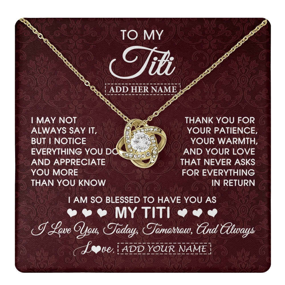 Love Knot Necklace 18K Yellow Gold Finish | 1 | Personalized To My Titi Gifts From Niece Nephew Necklace Meaningful Jewelry Pendant Gifts For Titi Mothers Day Birthday Christmas Custom Gift Box Message Card | https://teecentury.