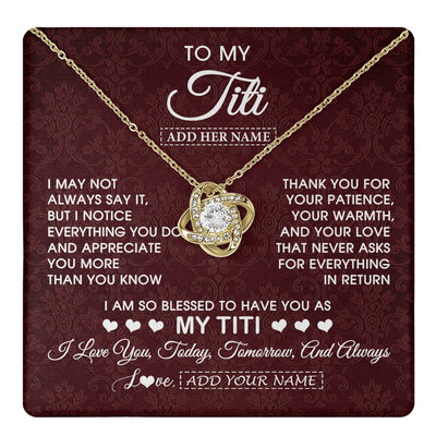 Love Knot Necklace 18K Yellow Gold Finish | 1 | Personalized To My Titi Gifts From Niece Nephew Necklace Meaningful Jewelry Pendant Gifts For Titi Mothers Day Birthday Christmas Custom Gift Box Message Card | https://teecentury.