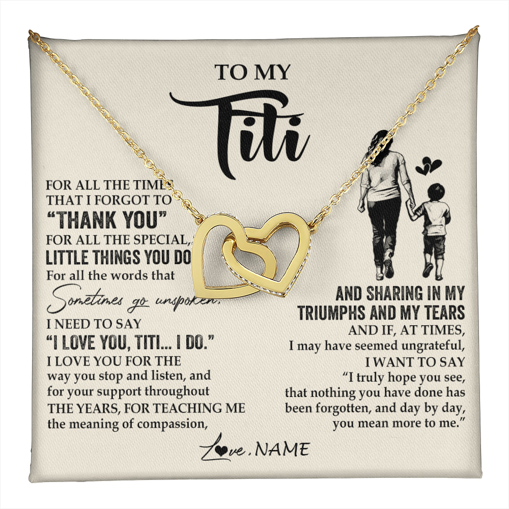 Interlocking Hearts Necklace 18K Yellow Gold Finish | 1 | Personalized To My Titi Necklace From Nephew For All The Times That I Forgot To Thank You Titi Birthday Mothers Day Christmas Customized Gift Box Message Card | teecentury