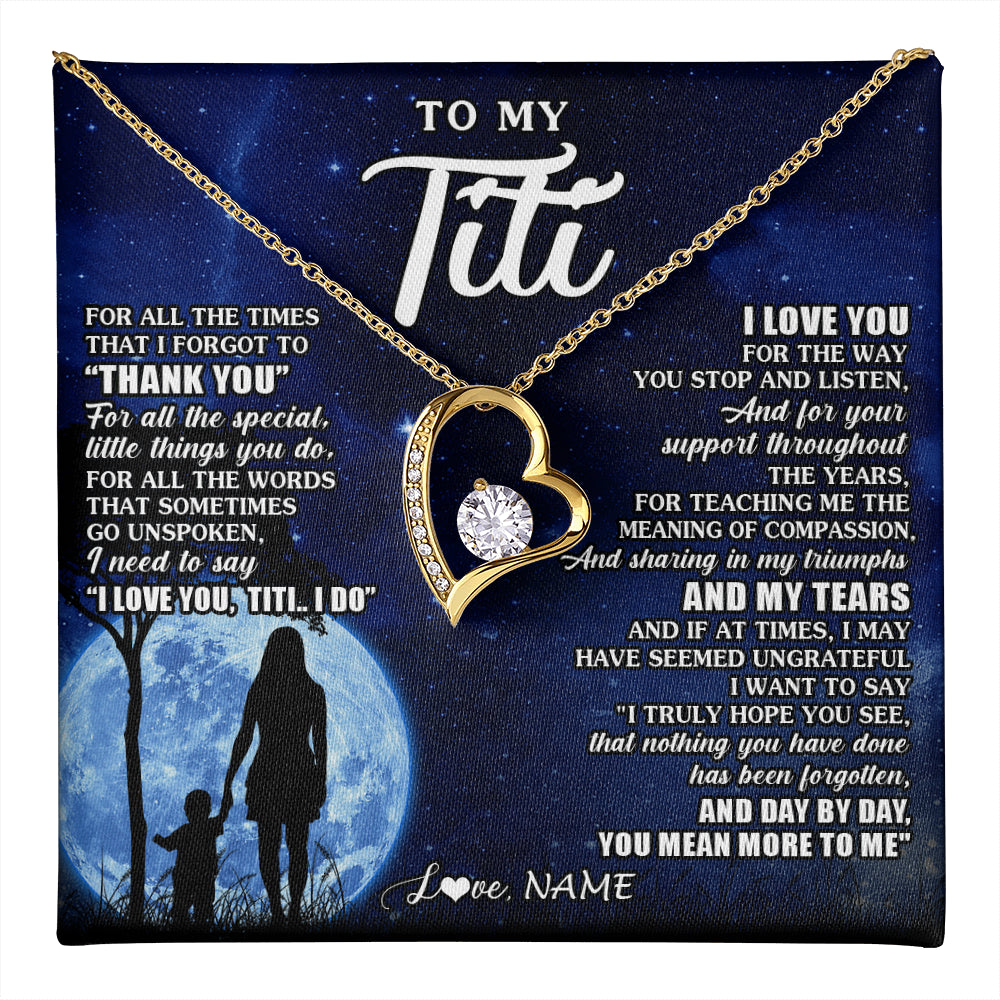 Forever Love Necklace 18K Yellow Gold Finish | 1 | Personalized To My Titi Necklace From Nephew Niece Thank You Grateful Love Titi Birthday Gifts Mothers Day Jewelry Christmas Customized Gift Box Message Card | teecentury