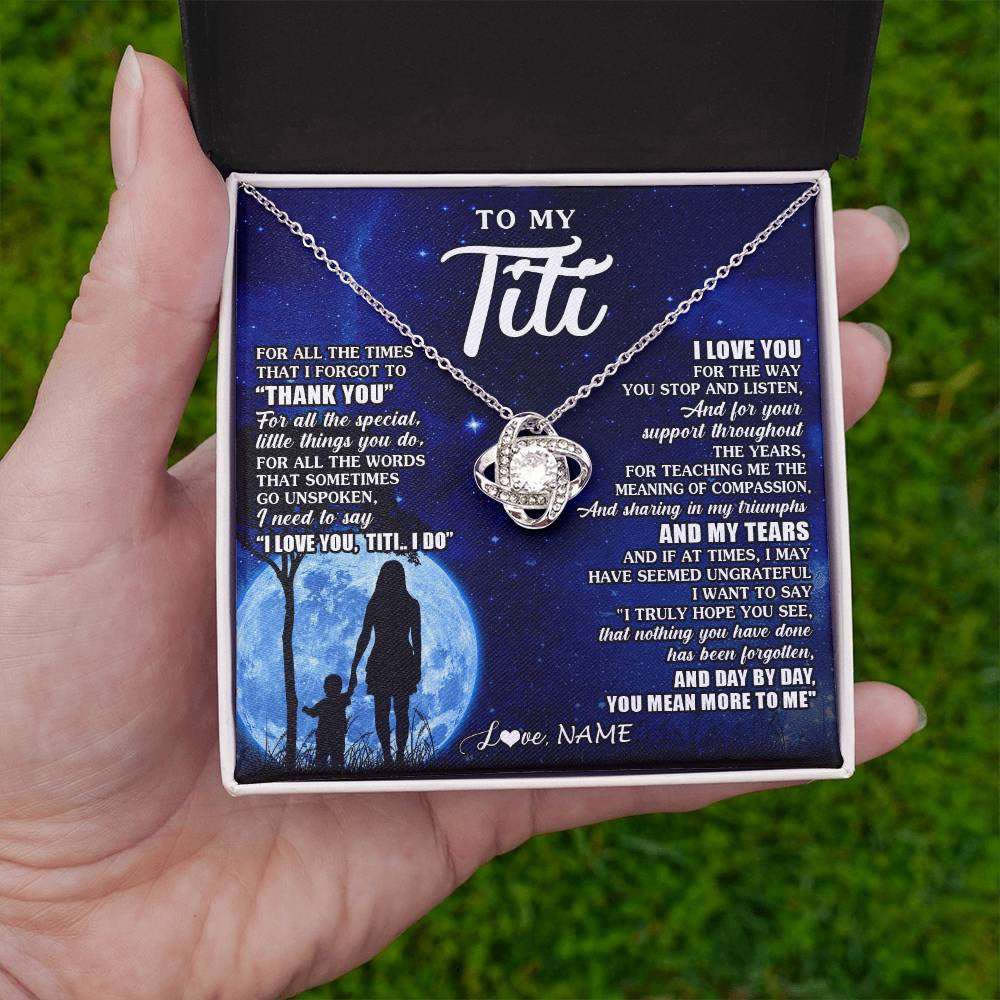 Love Knot Necklace 14K White Gold Finish | 2 | Personalized To My Titi Necklace From Nephew Niece Thank You Grateful Love Titi Birthday Gifts Mothers Day Jewelry Christmas Customized Gift Box Message Card | teecentury