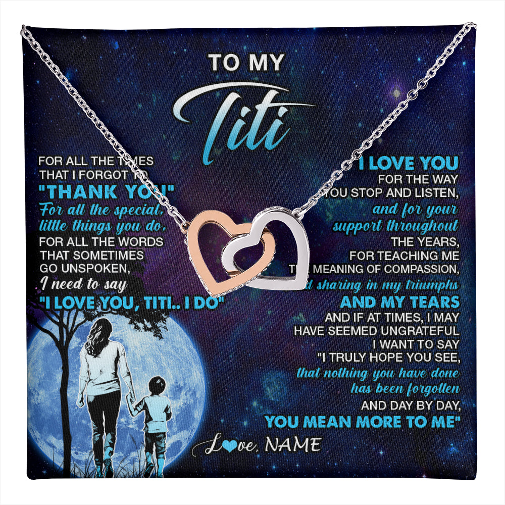 Interlocking Hearts Necklace Stainless Steel & Rose Gold Finish | 1 | Personalized To My Titi Necklace From Nephew Thank You Day By Day Titi Birthday Gifts Mothers Day Christmas Customized Gift Box Message Card | teecentury