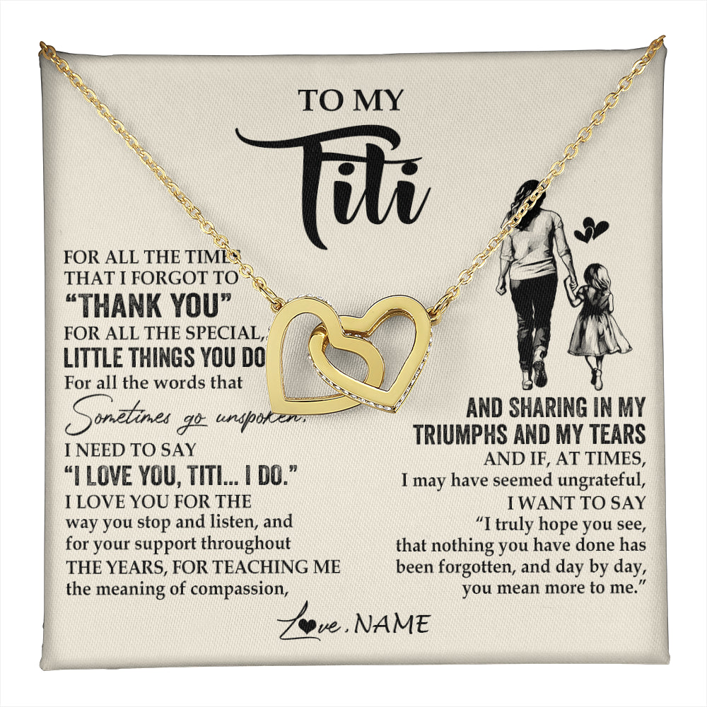 Interlocking Hearts Necklace 18K Yellow Gold Finish | 1 | Personalized To My Titi Necklace From Niece For All The Times That I Forgot To Thank You Titi Birthday Mothers Day Christmas Customized Gift Box Message Card | teecentury