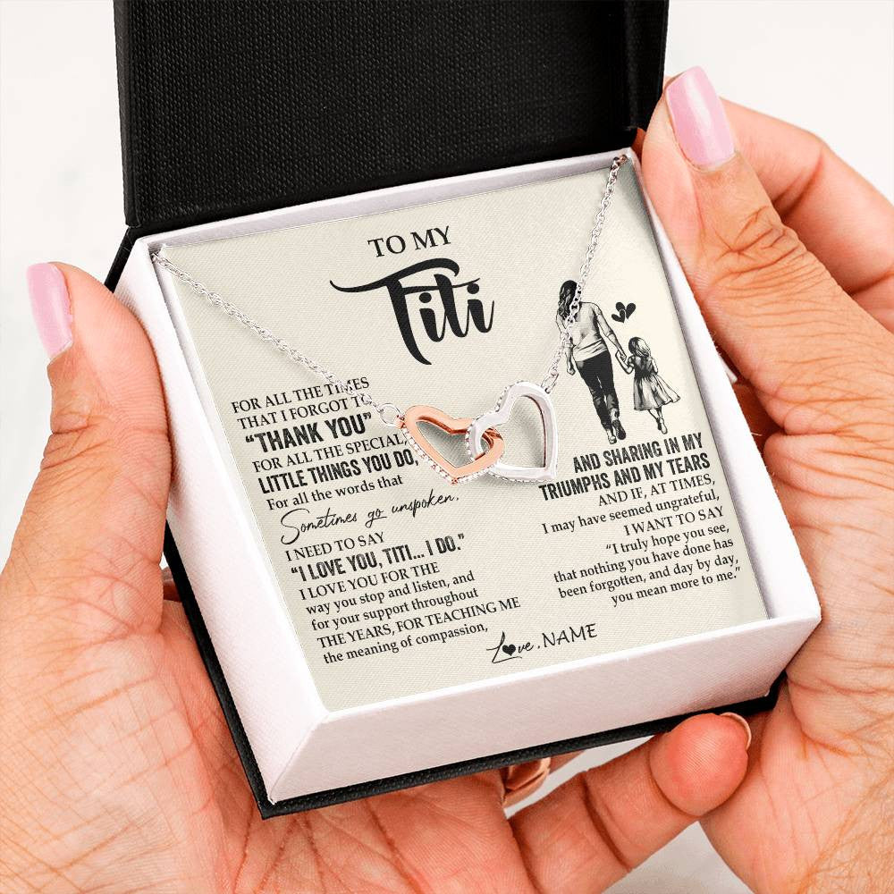Interlocking Hearts Necklace Stainless Steel & Rose Gold Finish | 2 | Personalized To My Titi Necklace From Niece For All The Times That I Forgot To Thank You Titi Birthday Mothers Day Christmas Customized Gift Box Message Card | teecentury