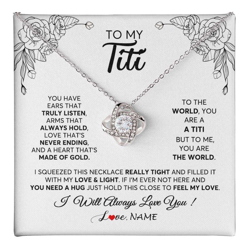 Love Knot Necklace 14K White Gold Finish | 1 | Personalized To My Titi Necklace From Niece Nephew Hold This Close Feel My Love Titi Birthday Mothers Day Christmas Jewelry Customized Gift Box Message Card | teecentury