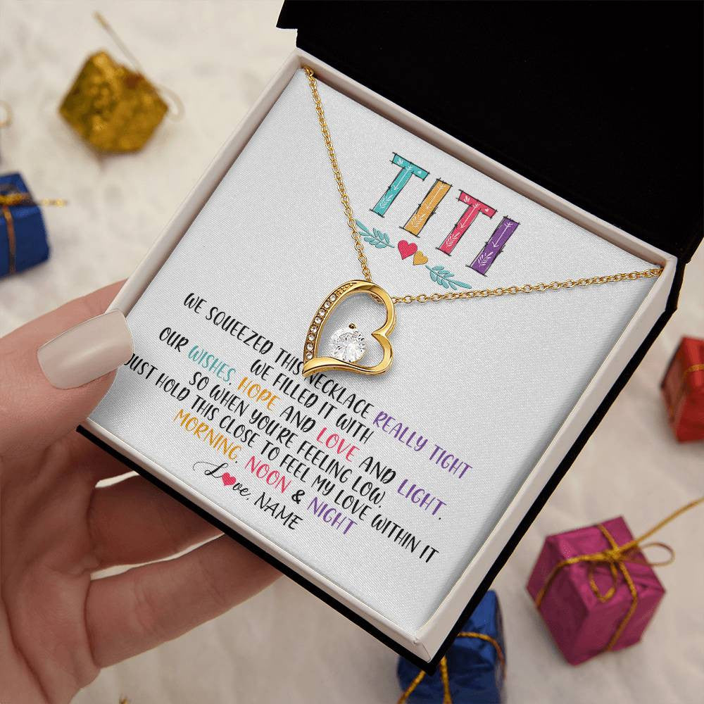 Forever Love Necklace 18K Yellow Gold Finish | 2 | Personalized To My Titi Necklace From Niece Nephew We Squeezed This Necklace Titi Birthday Mothers Day Christmas Jewelry Customized Gift Box Message Card | teecentury