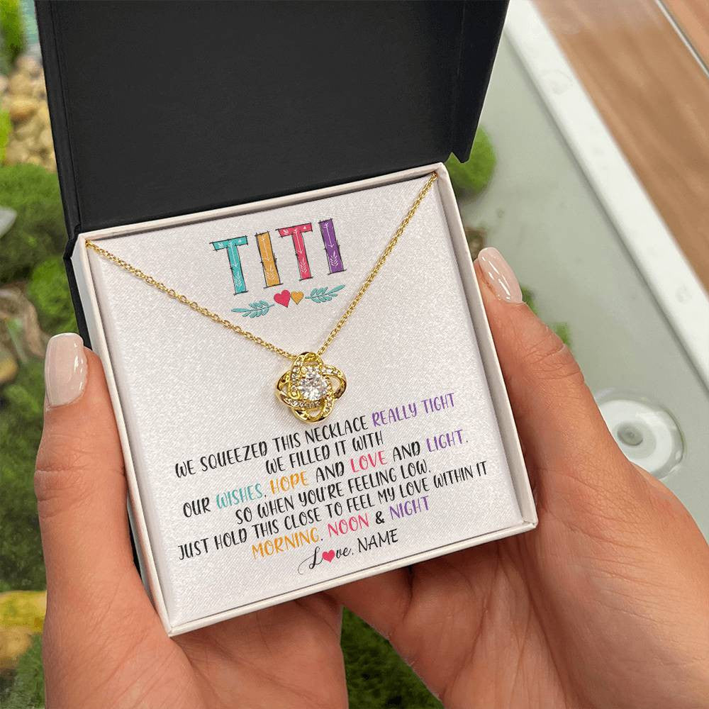 Love Knot Necklace 18K Yellow Gold Finish | 2 | Personalized To My Titi Necklace From Niece Nephew We Squeezed This Necklace Titi Birthday Mothers Day Christmas Jewelry Customized Gift Box Message Card | teecentury