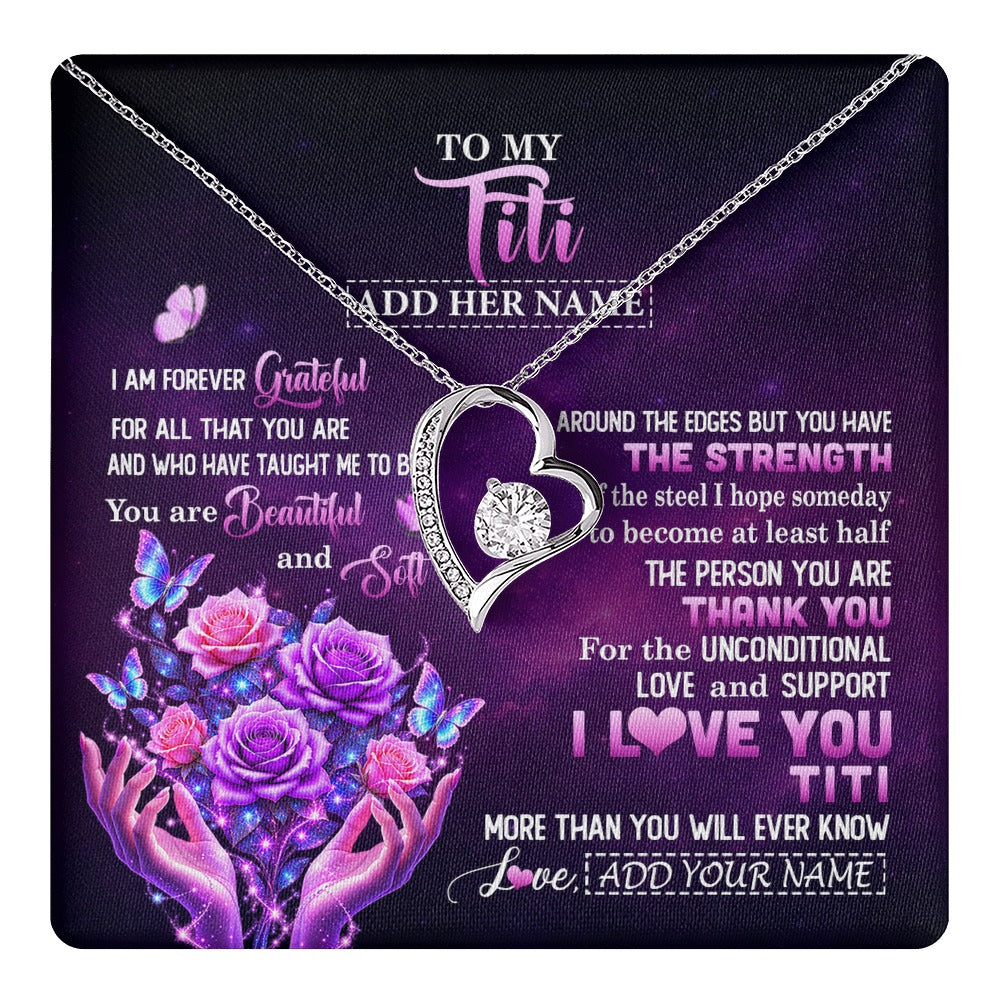 Forever Love Necklace 14K White Gold Finish | 1 | Personalized To My Titi Necklace From Niece Thank You For Love Butterfly Titi Birthday Mothers Day Thanksgiving Christmas Custom Gift Box Message Card | https://teecentury.