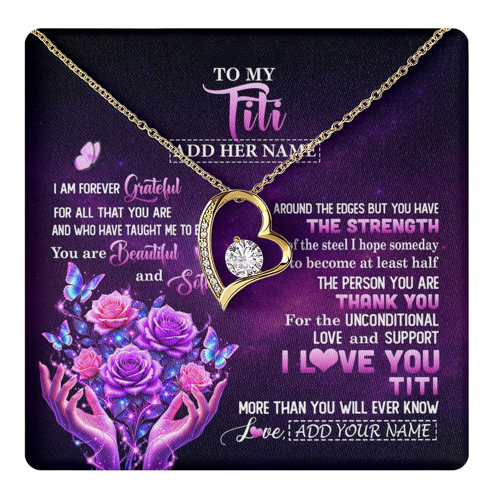 Forever Love Necklace 18K Yellow Gold Finish | 1 | Personalized To My Titi Necklace From Niece Thank You For Love Butterfly Titi Birthday Mothers Day Thanksgiving Christmas Custom Gift Box Message Card | https://teecentury.