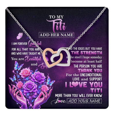 Interlocking Hearts Necklace Stainless Steel & Rose Gold Finish | 1 | Personalized To My Titi Necklace From Niece Thank You For Love Butterfly Titi Birthday Mothers Day Thanksgiving Christmas Custom Gift Box Message Card | https://teecentury.