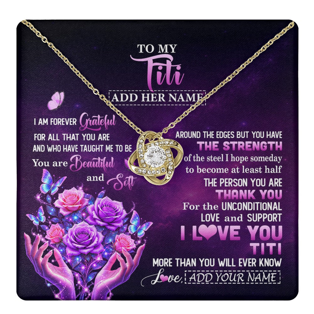 Love Knot Necklace 18K Yellow Gold Finish | 1 | Personalized To My Titi Necklace From Niece Thank You For Love Butterfly Titi Birthday Mothers Day Thanksgiving Christmas Custom Gift Box Message Card | https://teecentury.