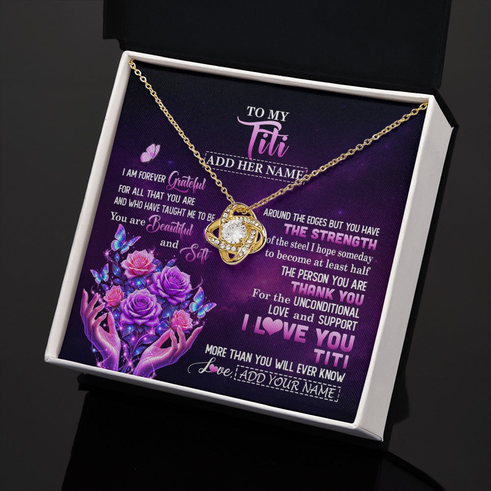 Love Knot Necklace 18K Yellow Gold Finish | 2 | Personalized To My Titi Necklace From Niece Thank You For Love Butterfly Titi Birthday Mothers Day Thanksgiving Christmas Custom Gift Box Message Card | https://teecentury.