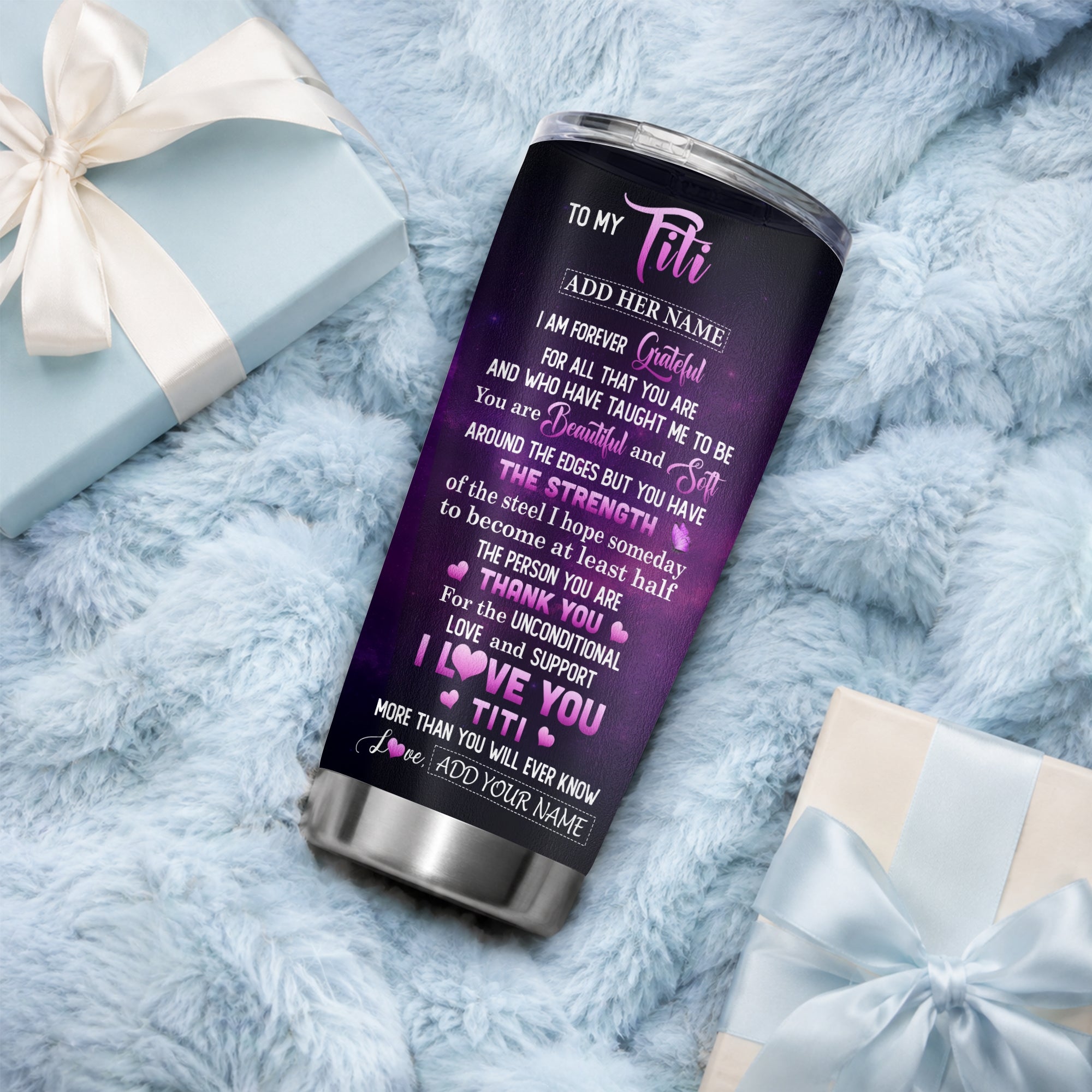 Personalized To My Titi Tumbler From Niece Thank You For Love Butterfly Titi Birthday Gifts Mothers Day Thanksgiving Christmas Custom Stainless Steel Mug | teecentury