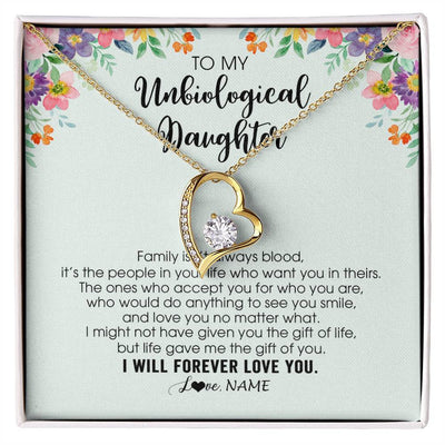 Forever Love Necklace 18K Yellow Gold Finish | 1 | Personalized To My Unbiological Daughter Necklace Family Isn't Always Blood Bonus Daughter Stepdaughter Birthday Christmas Customized Gift Box Message Card | teecentury