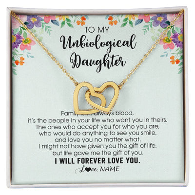 Interlocking Hearts Necklace 18K Yellow Gold Finish | 1 | Personalized To My Unbiological Daughter Necklace Family Isn't Always Blood Bonus Daughter Stepdaughter Birthday Christmas Customized Gift Box Message Card | teecentury