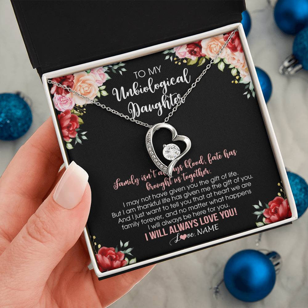 Forever Love Necklace 14K White Gold Finish | 2 | Personalized To My Unbiological Daughter Necklace Family Together Birthday Gifts For Bonus Daughter Stepdaughter Christmas Customized Gift Box Message Card | teecentury