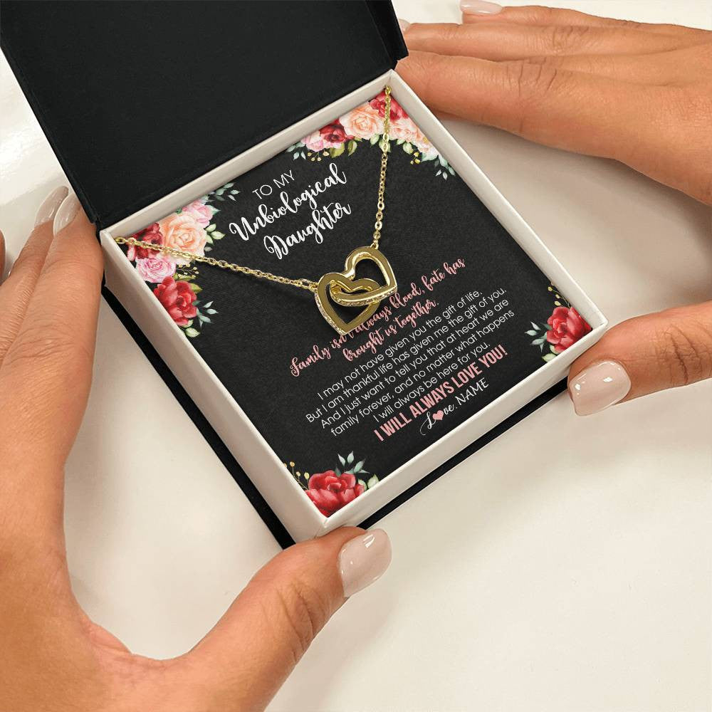 Interlocking Hearts Necklace 18K Yellow Gold Finish | 2 | Personalized To My Unbiological Daughter Necklace Family Together Birthday Gifts For Bonus Daughter Stepdaughter Christmas Customized Gift Box Message Card | teecentury